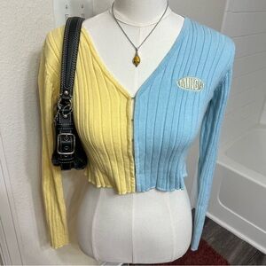 MINGA London yellow blue ribbed sweater long sleeve cardigan Y2K colorblock